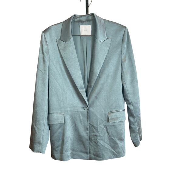 MNG light blue satin one button padded shoulder blazer SIZE M - Picture 1 of 7